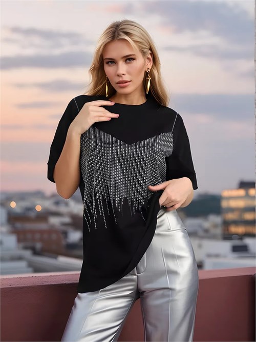 Футболка со стразами SeFutb-long-black