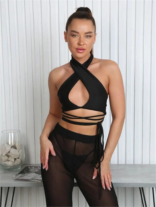 Топ халтер майка с завязками на талии для танцев Halter-black